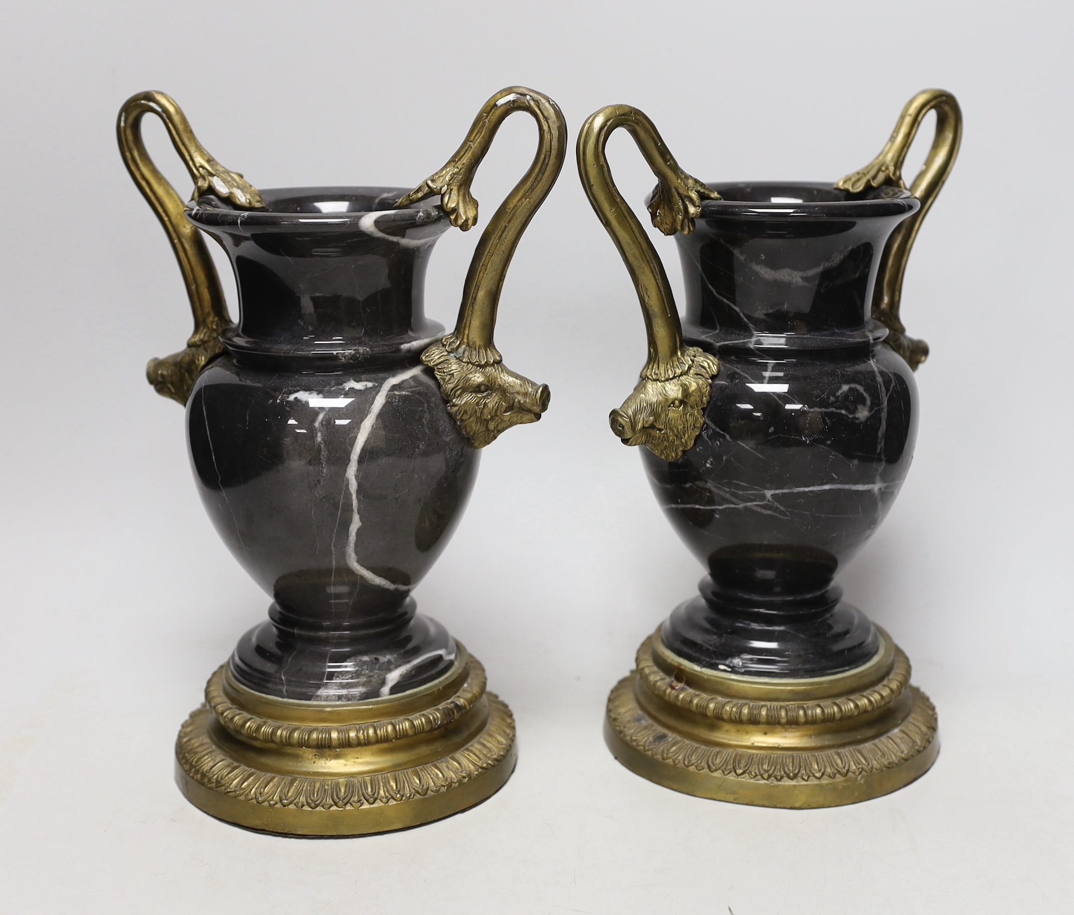 A pair of late 19th century ormolu and marble vases, 28cm